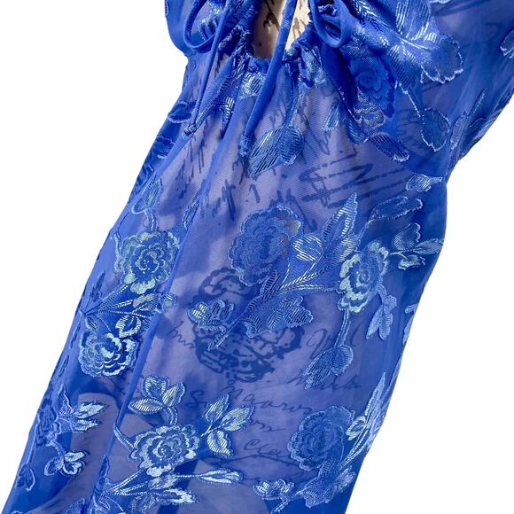 Vintage 90s Keyhole Babydoll Slip Dress Semi-Sheer Satin Floral Lingerie Small - Picture 3 of 9